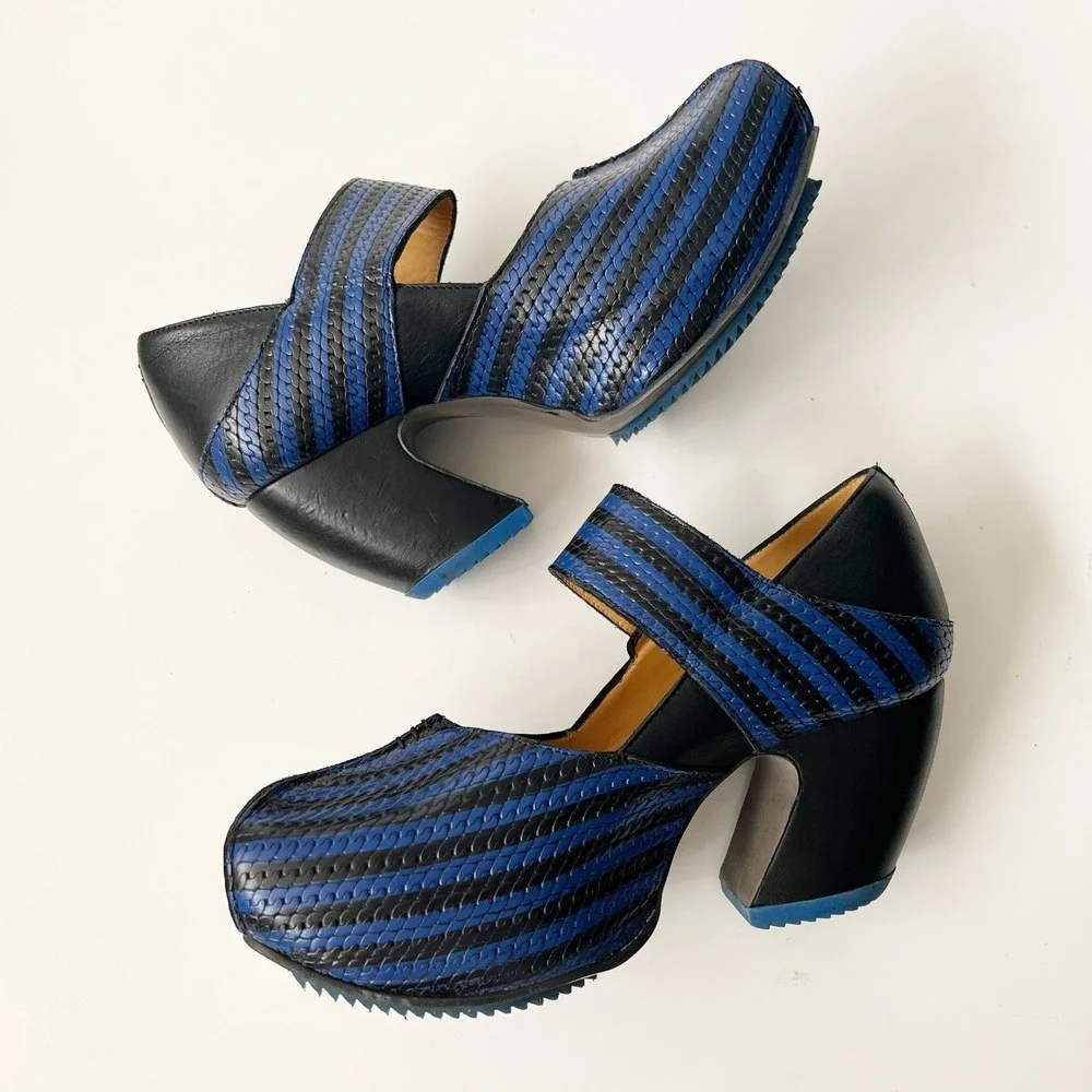 John Fluevog Mary Janes Heels 7.5 Blue Black Prepare Leader Striped Leather
